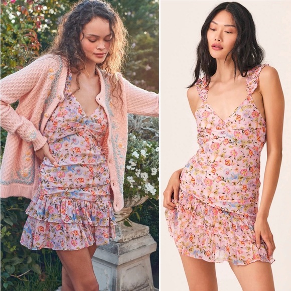 LoveShackFancy Ruffled Floral Crepon Mini Dress - Picture 1 of 15